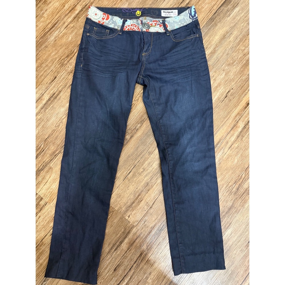 Desigual Jeans Size 28 The Fun Slim Fit Dark Blue Denim Y2K Printed Waist